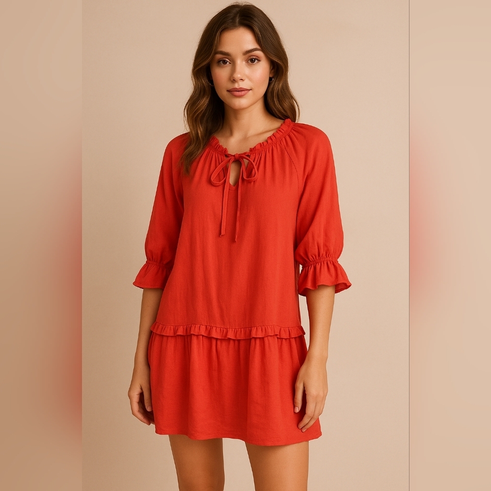 M Shopthemint Women’s Size M Red Linen Cotton Ruffle Peasant‎ Tunic Dress Boho
